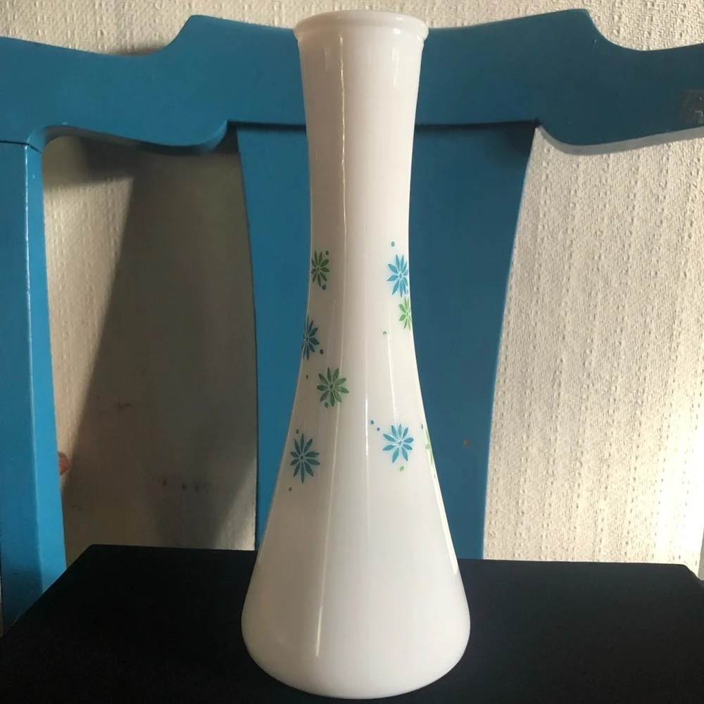 Vintage White MilkGlass Bud Vase w Blue Flowers